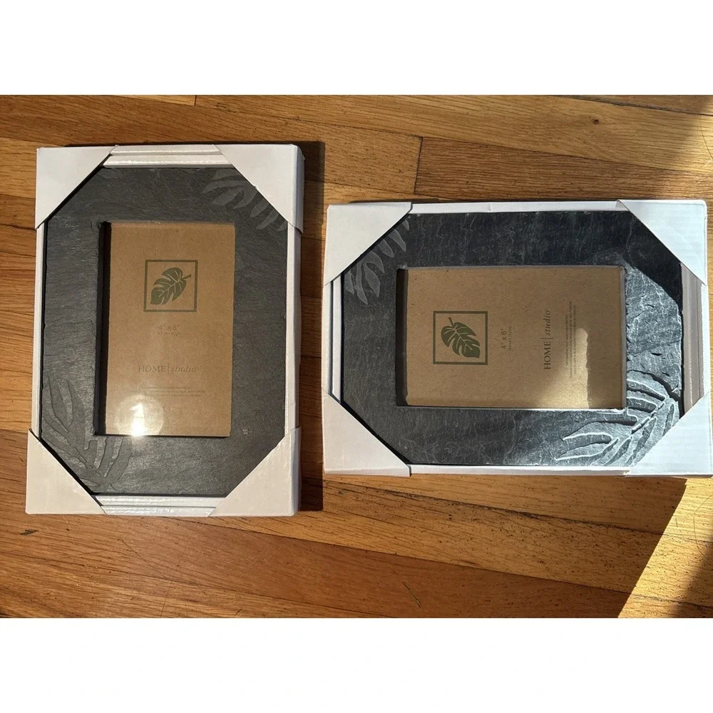 Rustic Photo Frame Set Of 2 Genuine Slate Stone 4x6 Tabletop Jungle Fossil Leaf